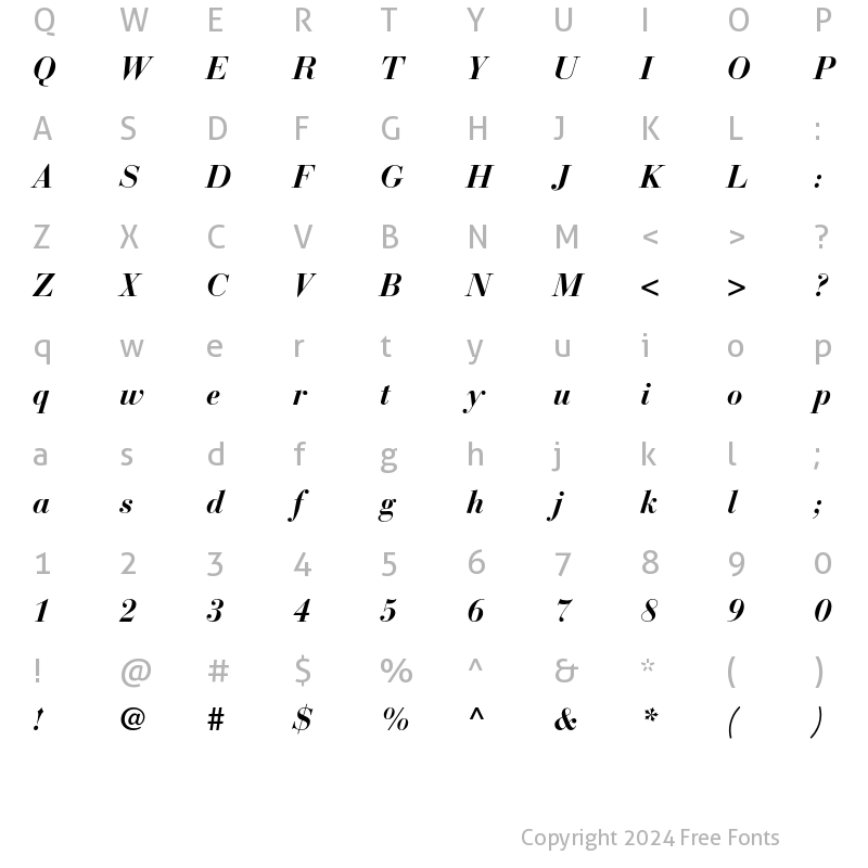 Character Map of Bauer Bodoni Std 1 Bold Italic