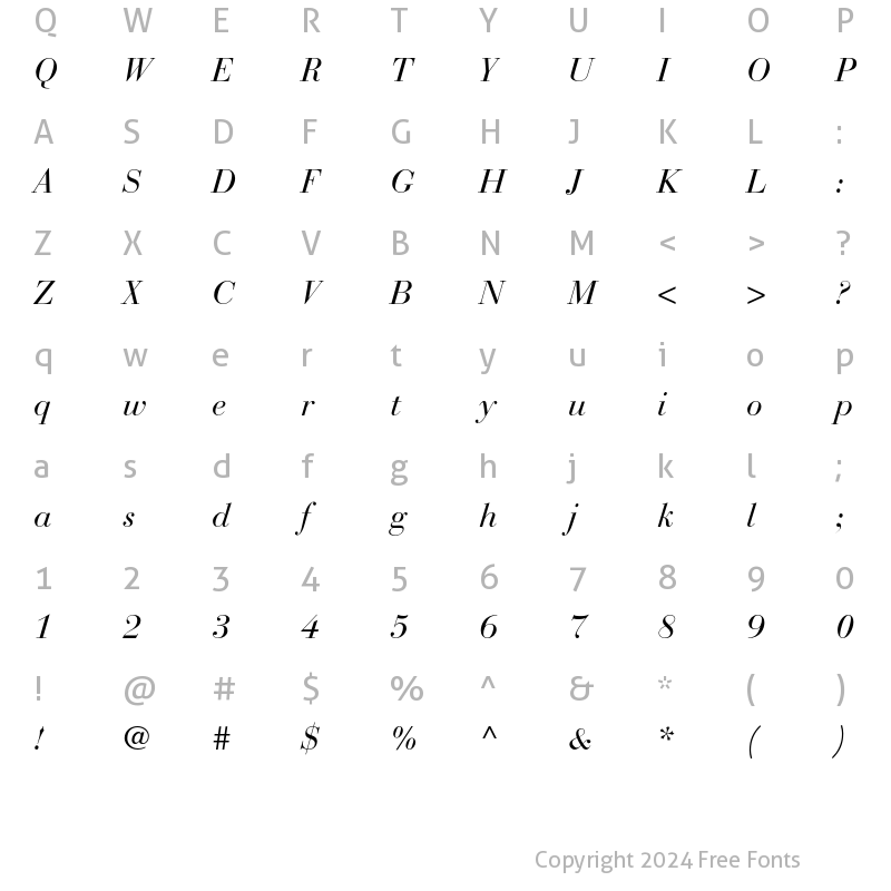 Character Map of Bauer Bodoni Std 1 Italic