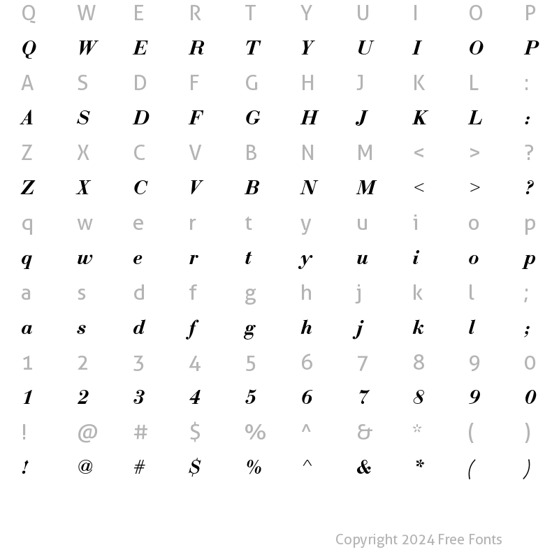 Character Map of Bauer Bodoni T Demi Bold Italic