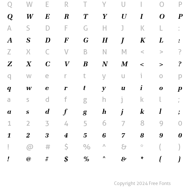 Character Map of Becker Latino Bold Italic