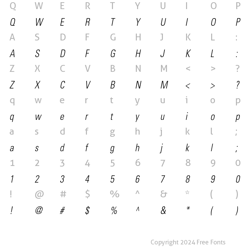 Character Map of Beetham CondensedLight Oblique