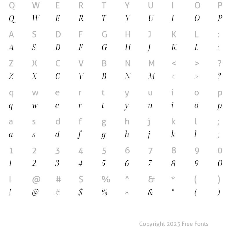 Character Map of Belda Didone Cond Light Italic Condensed