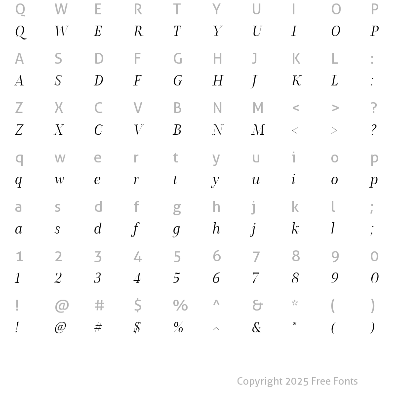 Character Map of Belda Didone Norm Light Italic Regular
