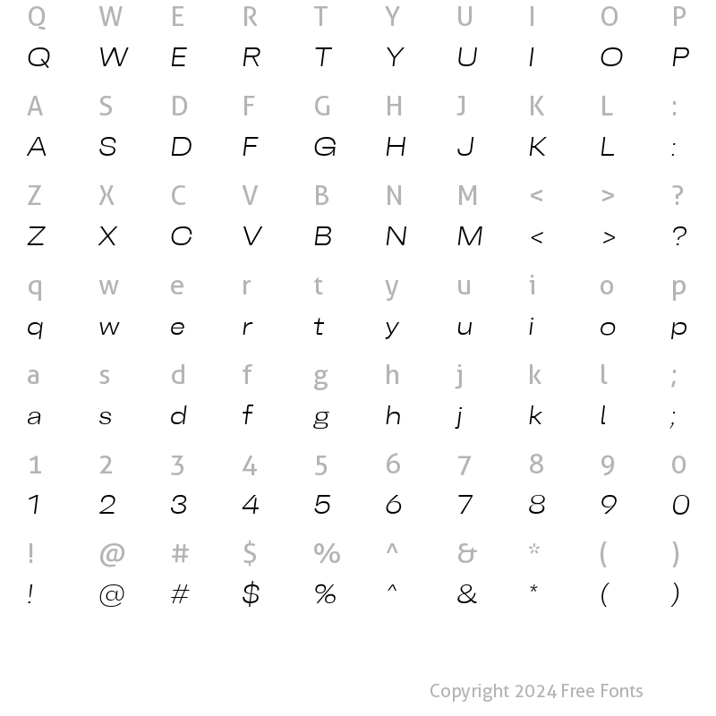 Character Map of BelfastGrotesk-LightOblique SemiExpanded Oblique