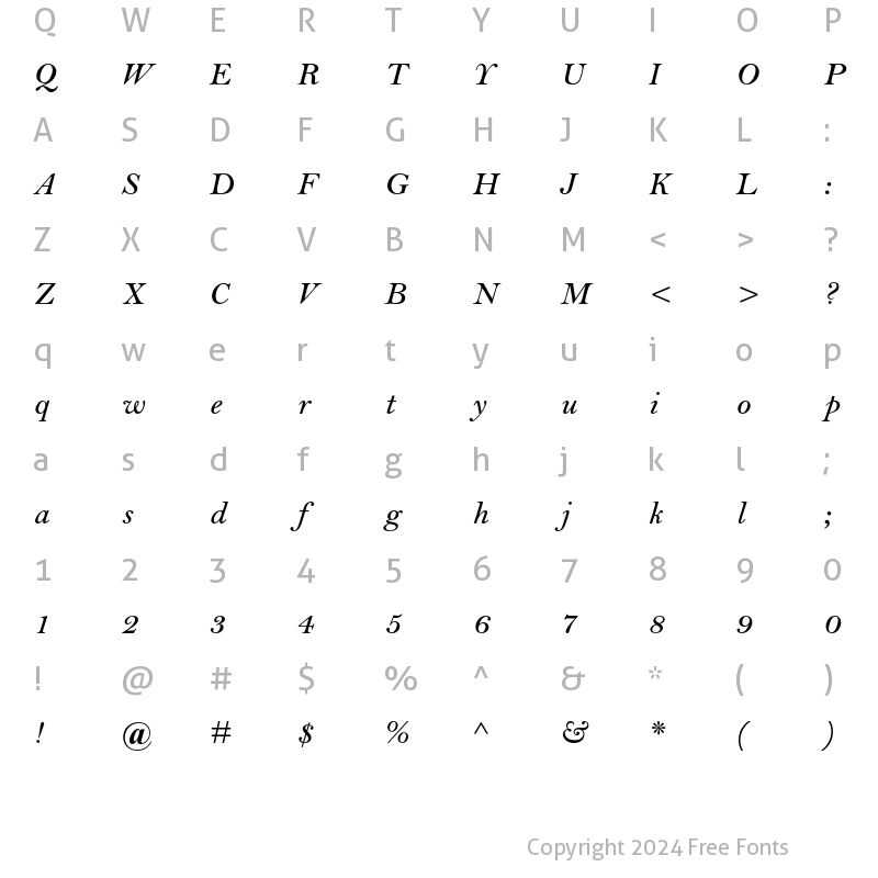 Character Map of Bell MT Semi Bold Italic