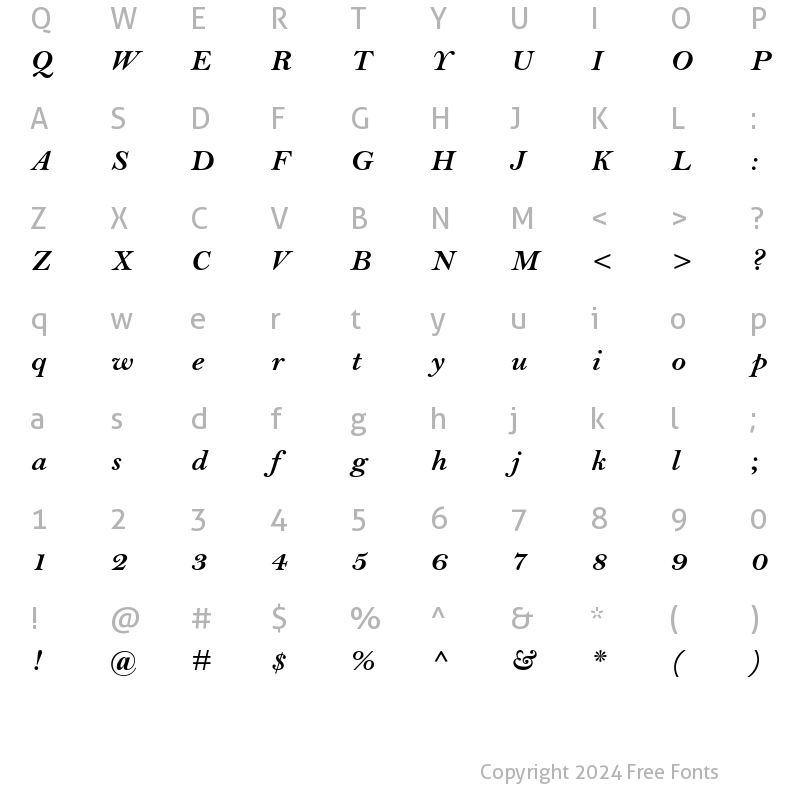 Character Map of Bell MT Std Bold Italic