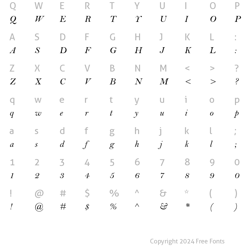 Character Map of Bell MT Std Italic