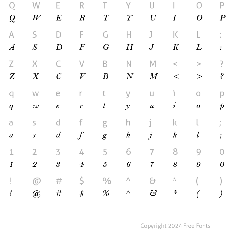 Character Map of Bell MT Std Semibold Italic