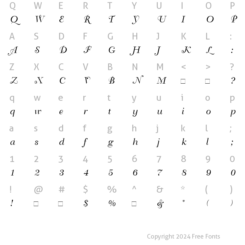 Character Map of Bellevue RomanItalic