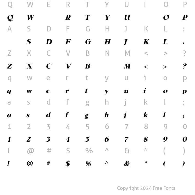 Character Map of BelliniBoldItalic Regular