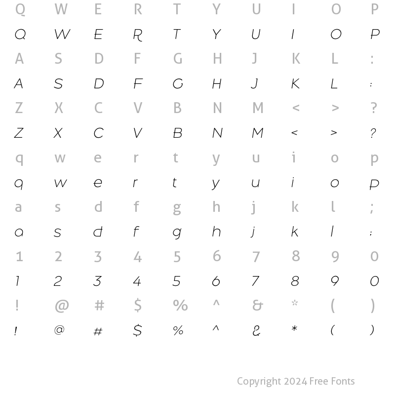 Character Map of Belong Sans ExtraLightItalic