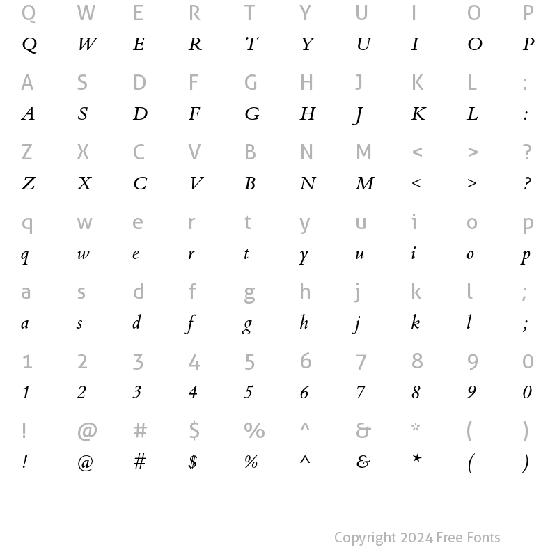 Character Map of Bembo Book MT Std Italic