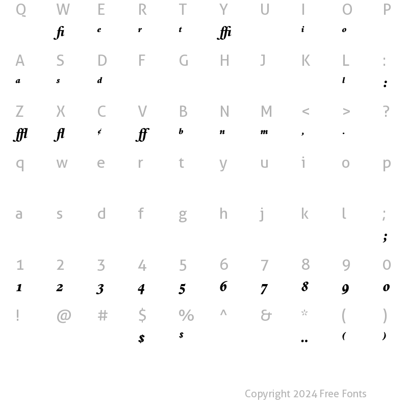 Character Map of Bembo Extra Expert Bold Italic