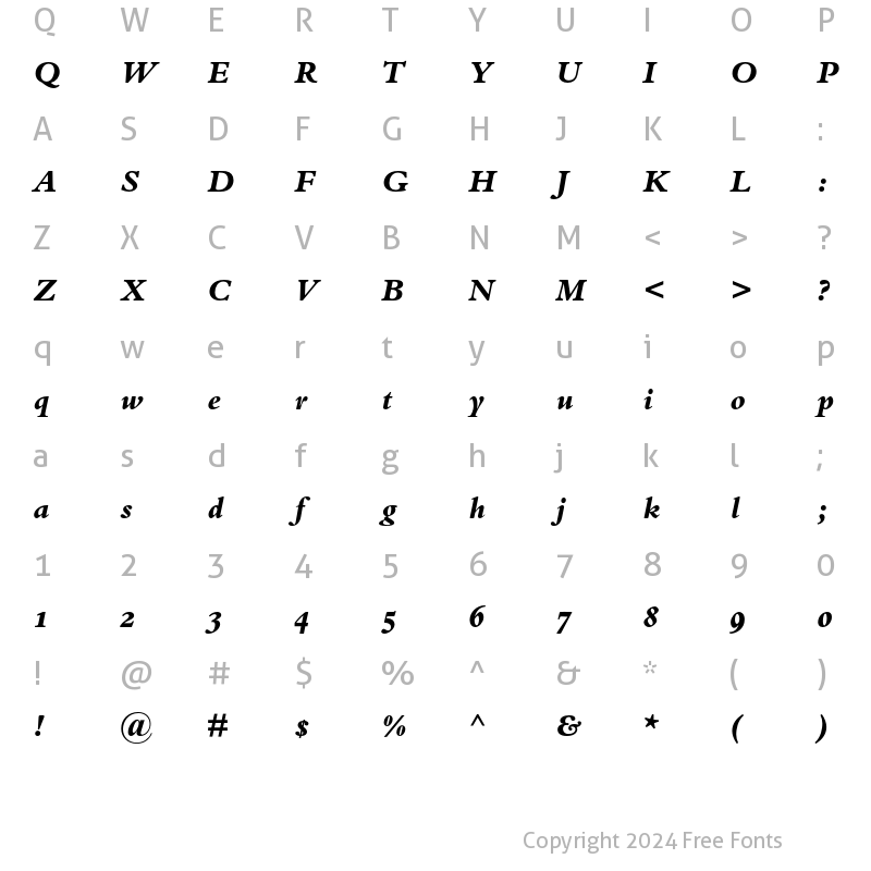 Character Map of Bembo Extra Oldstyle Figures Bold Italic