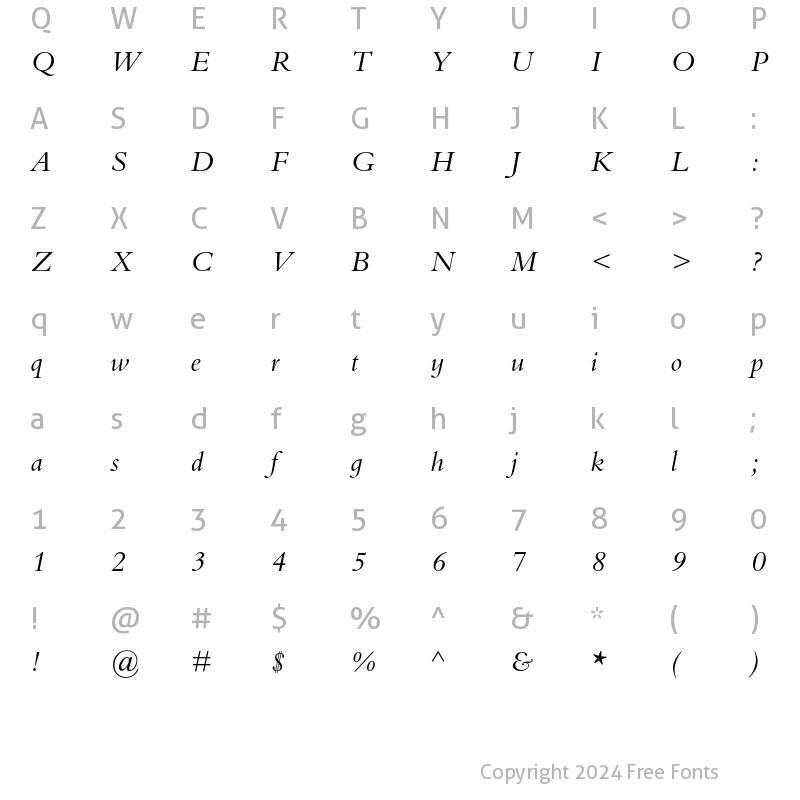 Character Map of Bembo Infant MT Std Italic