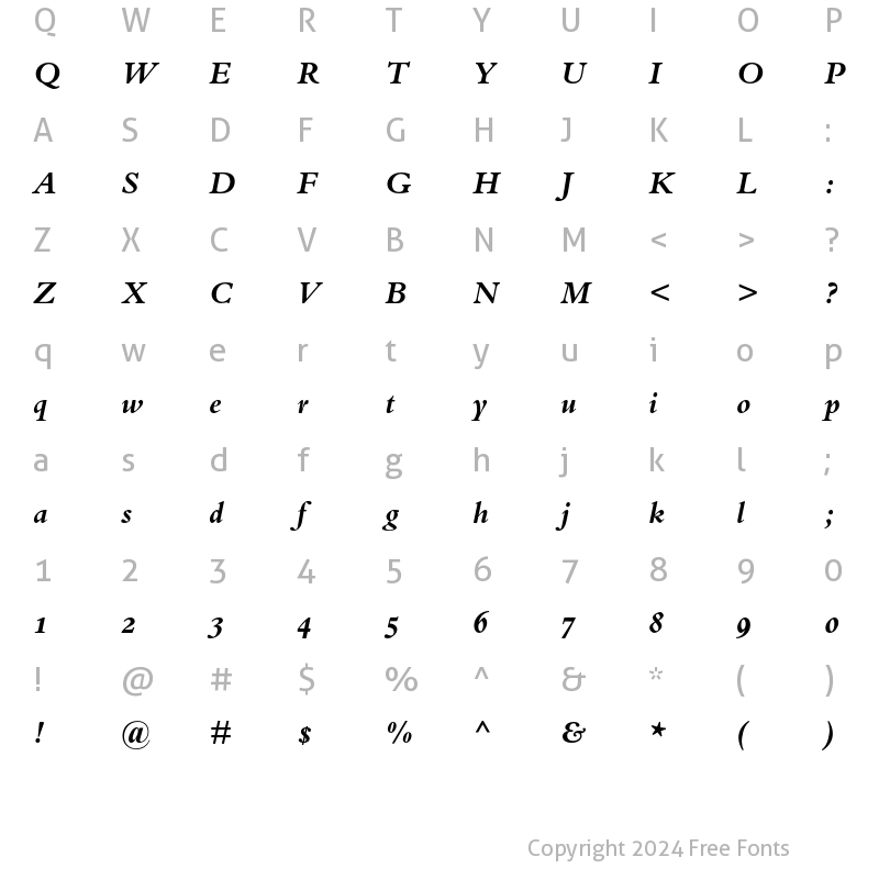 Character Map of Bembo Oldstyle Figures Bold Italic
