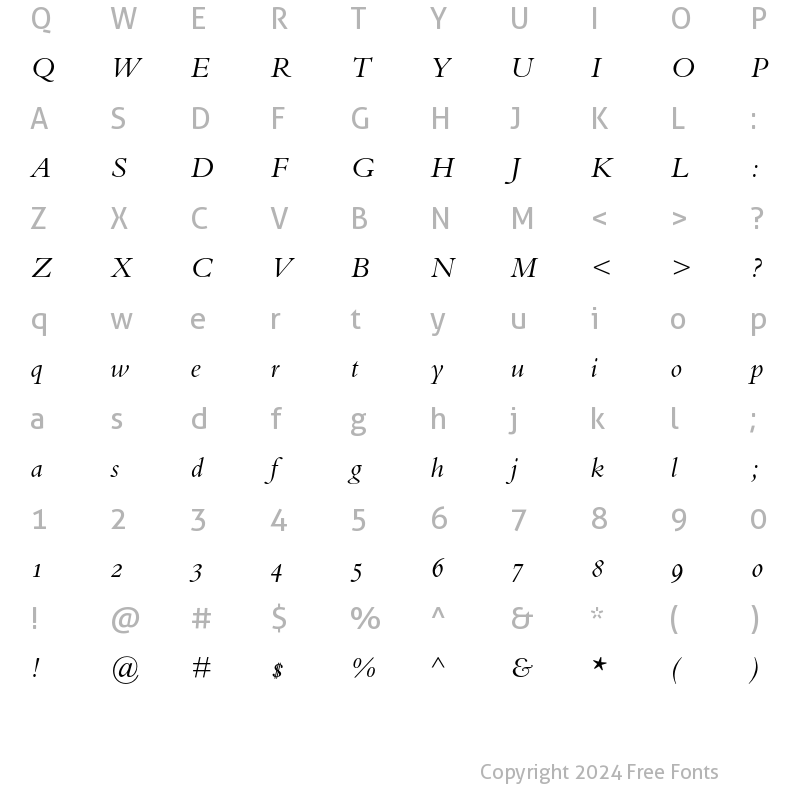 Character Map of Bembo Oldstyle Figures Italic