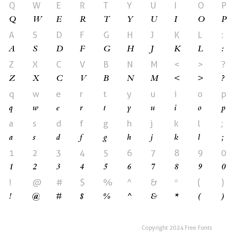 Character Map of Bembo Semi Bold Italic