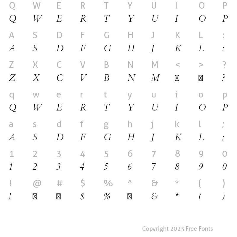 Character Map of Bembo Titling MT Std Italic