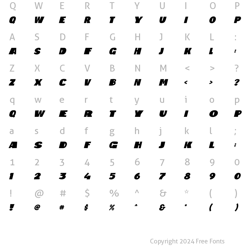 Character Map of Big Shout Bob Italic