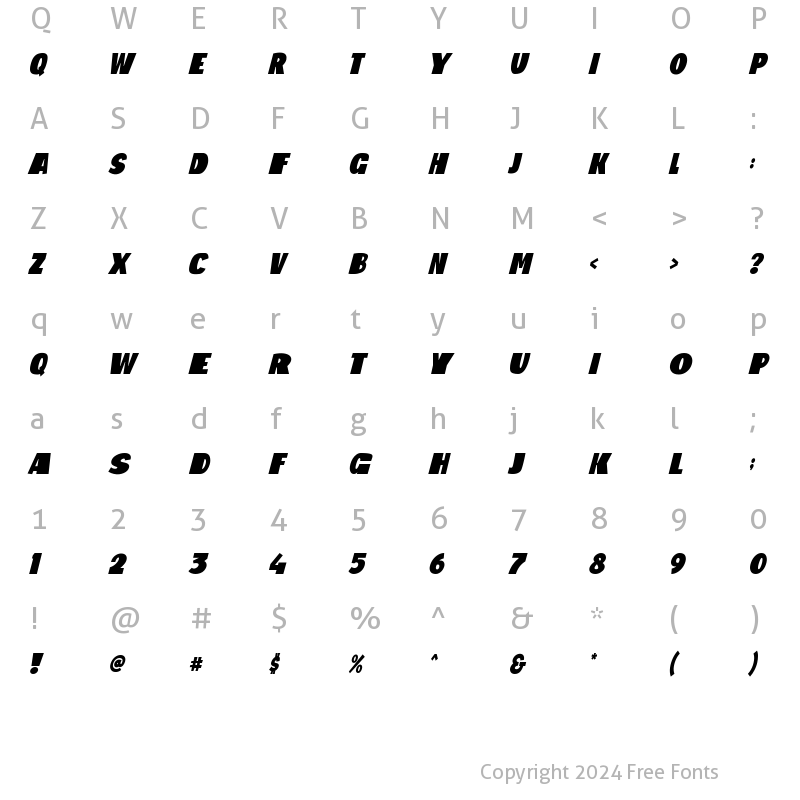 Character Map of Big Shout Bob Slim Italic