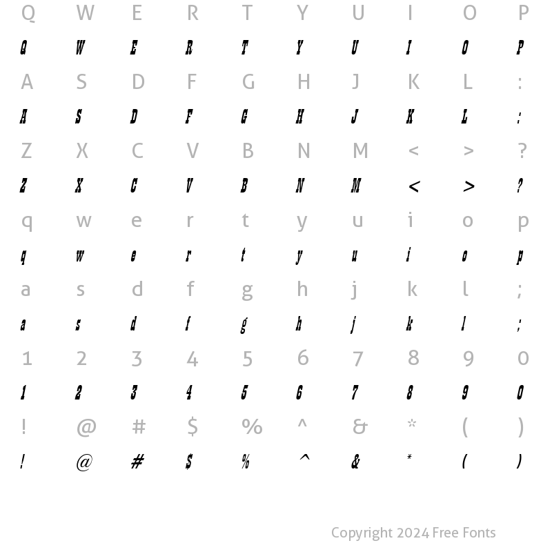 Character Map of Billboard 11 Condensed Italic