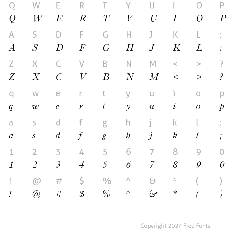 Character Map of Binny Old Style MT Std Italic