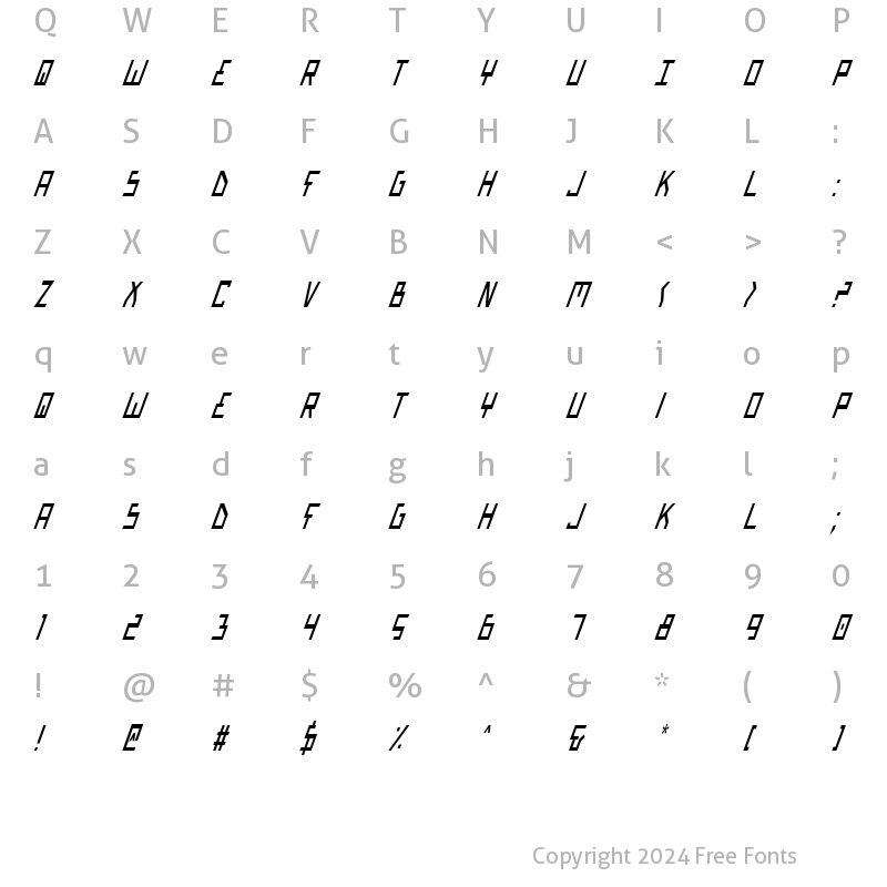 Character Map of Bionic Type Cond Italic Cond Italic