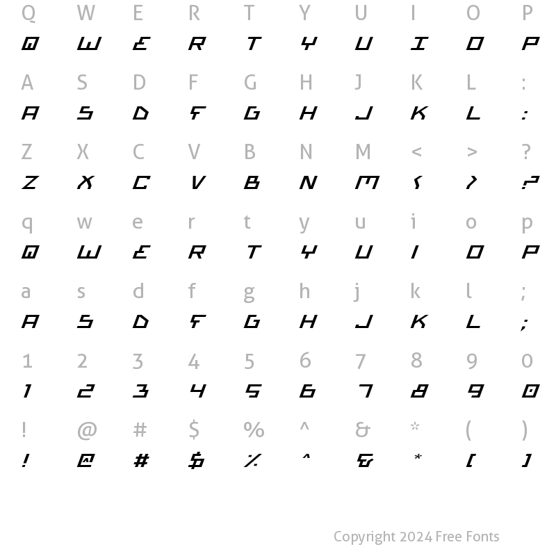 Character Map of Bionic Type Expanded Italic Expanded Italic