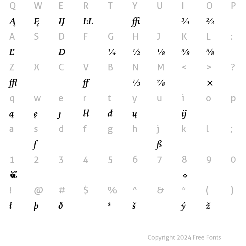 Character Map of Bitstream Iowan Old Style Exten Bold Italic