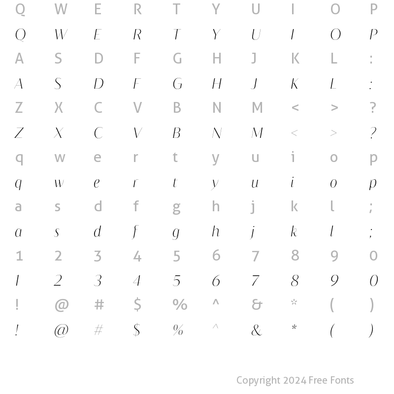 Character Map of Blacker Sans Display Extralight Italic