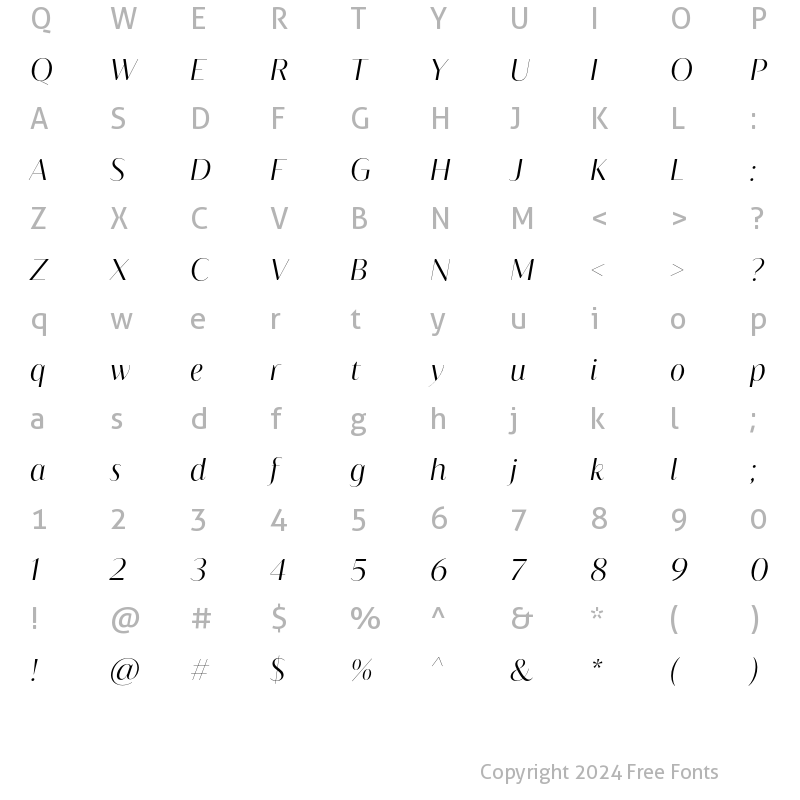 Character Map of Blacker Sans Display Light Italic