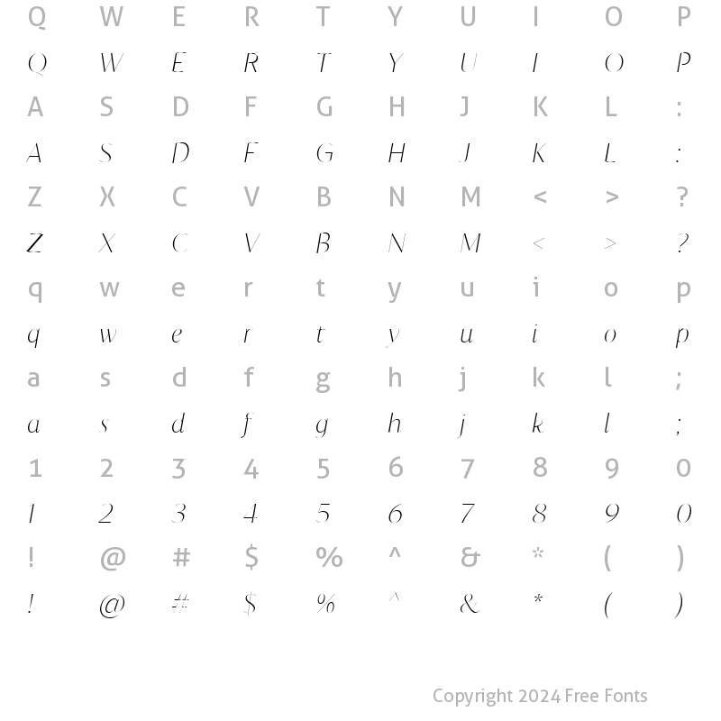 Character Map of Blacker Sans Display Thin Italic