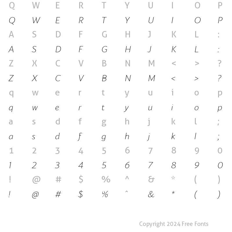 Character Map of Blacker Sans Pro Extralight Italic