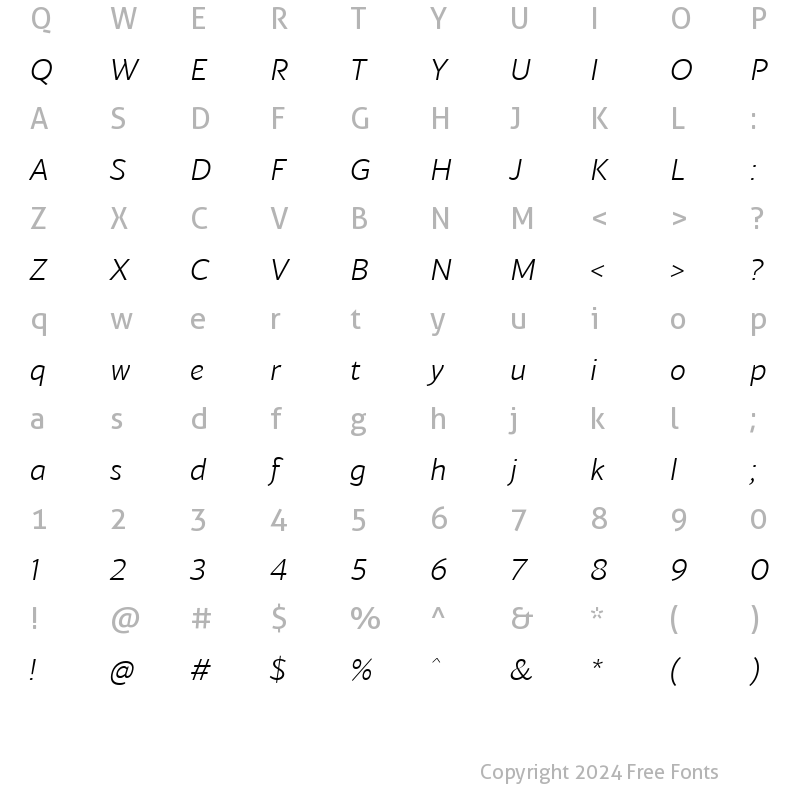 Character Map of Blacker Sans Pro Light Italic