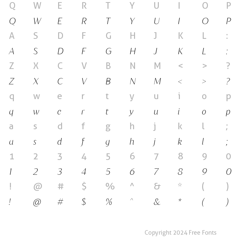 Character Map of Blacker Sans Text Extralight Italic