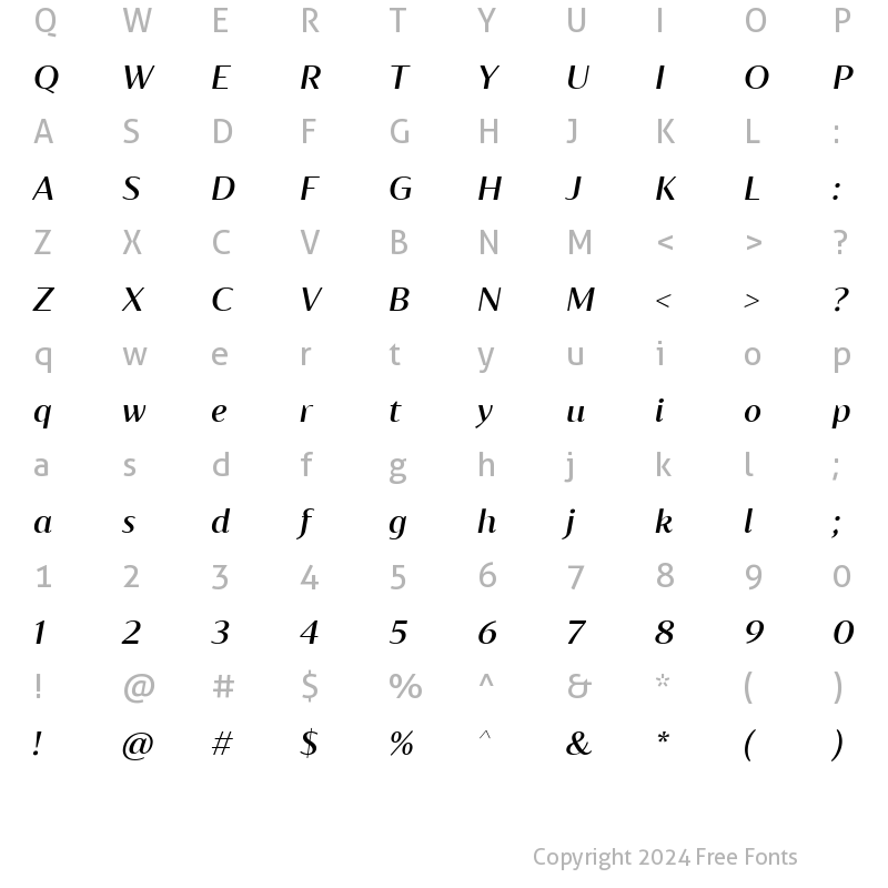 Character Map of Blacker Sans Text Italic