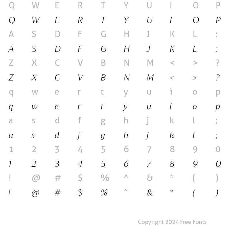 Character Map of Blacker Sans Text Light Italic