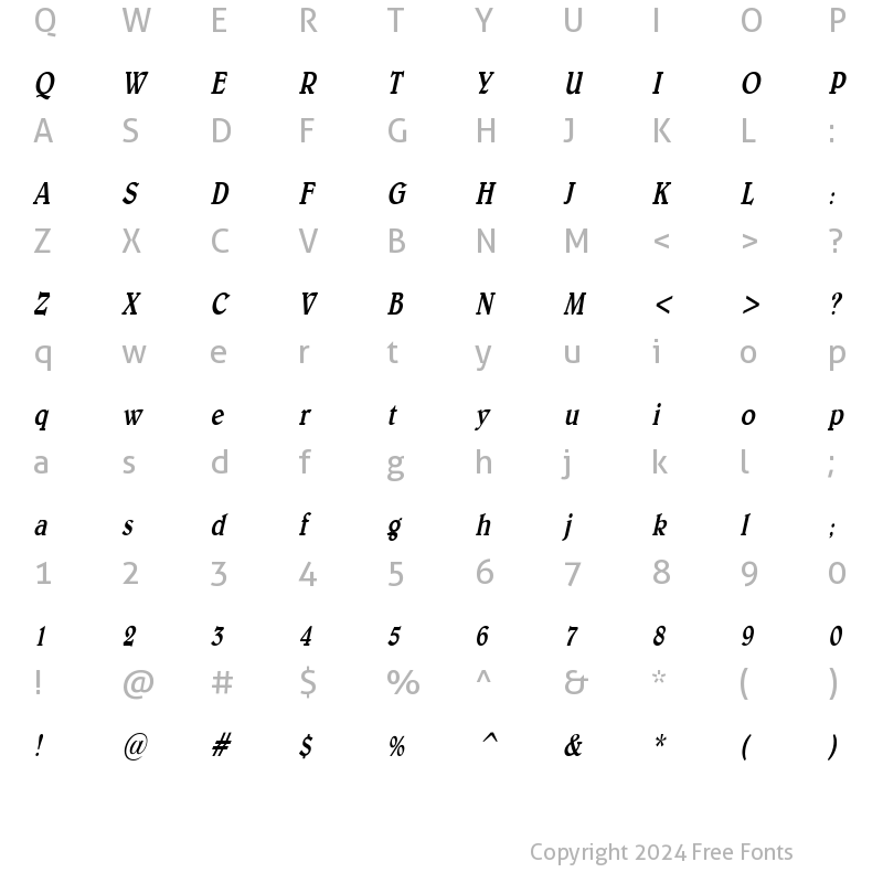 Character Map of Blew Condensed Italic