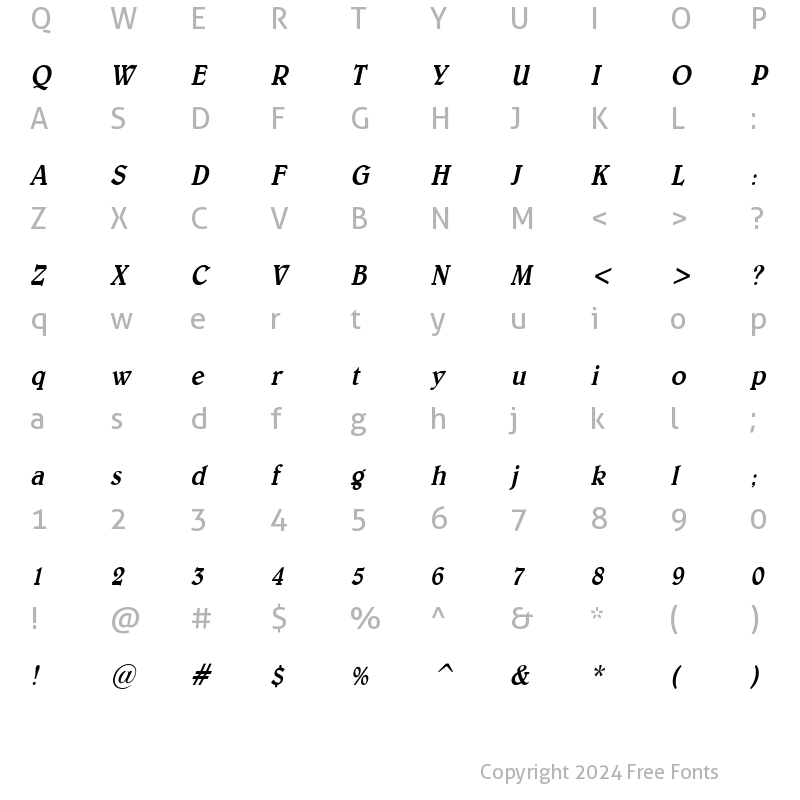 Character Map of Blew Thin Italic