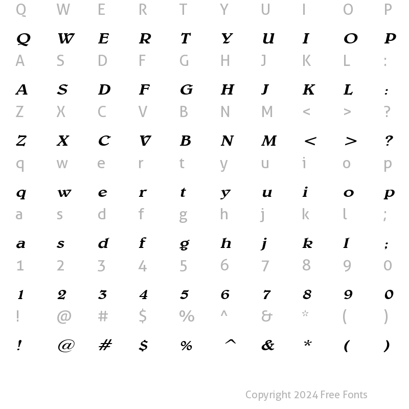 Character Map of Blew Wide Italic