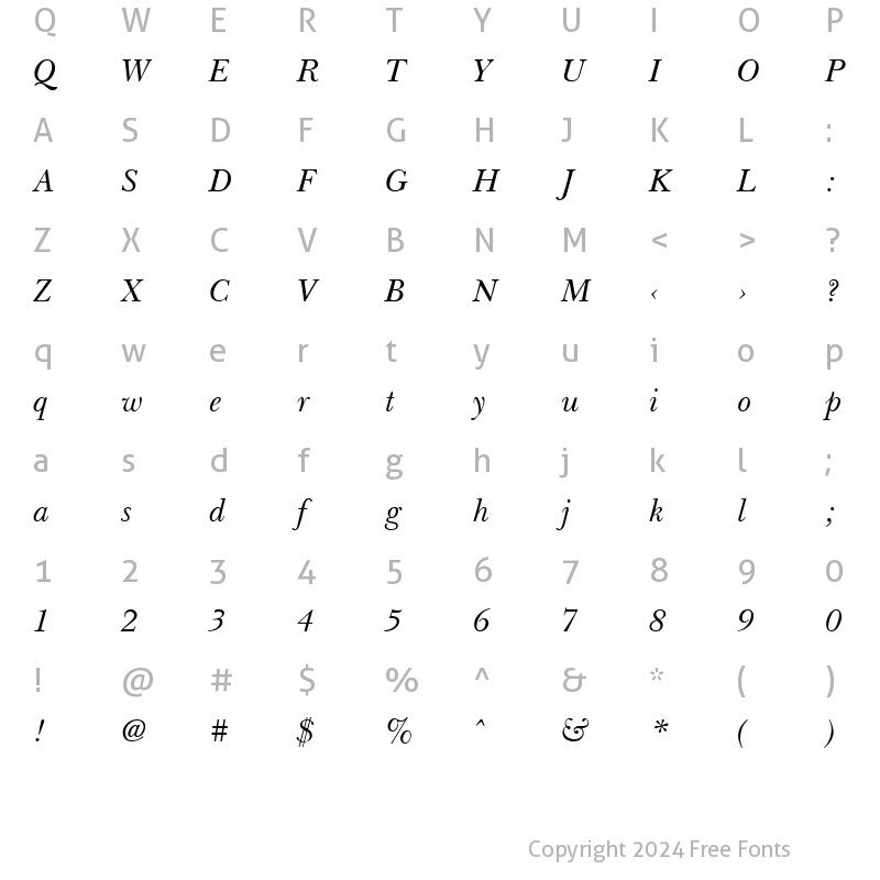 Character Map of Bloodhound Lite Italic Regular