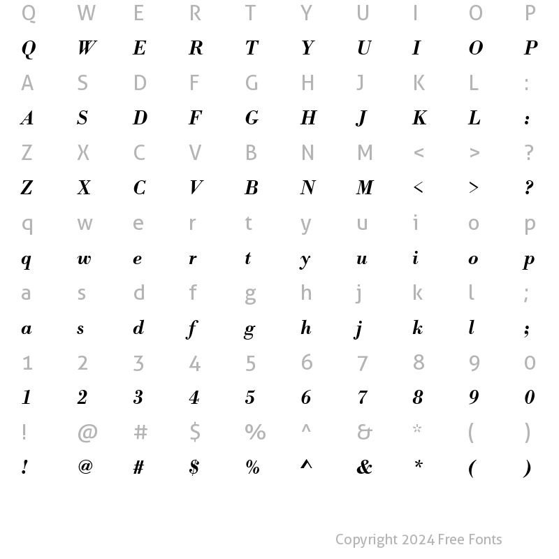 Character Map of Bodoni Antiqua URW Bold Italic