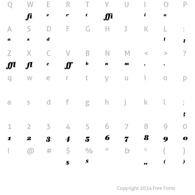 Character Map of Bodoni BE Expert Bold Italic