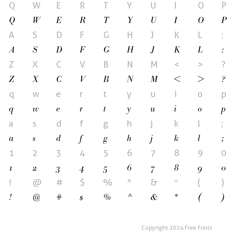 Character Map of Bodoni BE Light Oldstyle Figure Italic