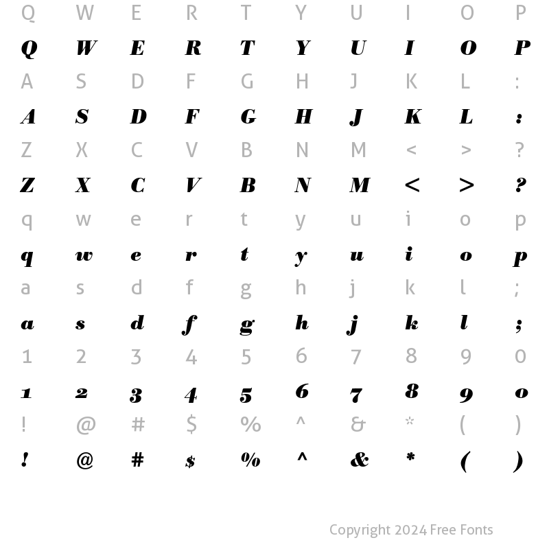 Character Map of Bodoni BE Oldstyle Figures Bold Italic