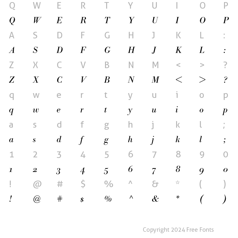 Character Map of Bodoni BE Oldstyle Figures Italic