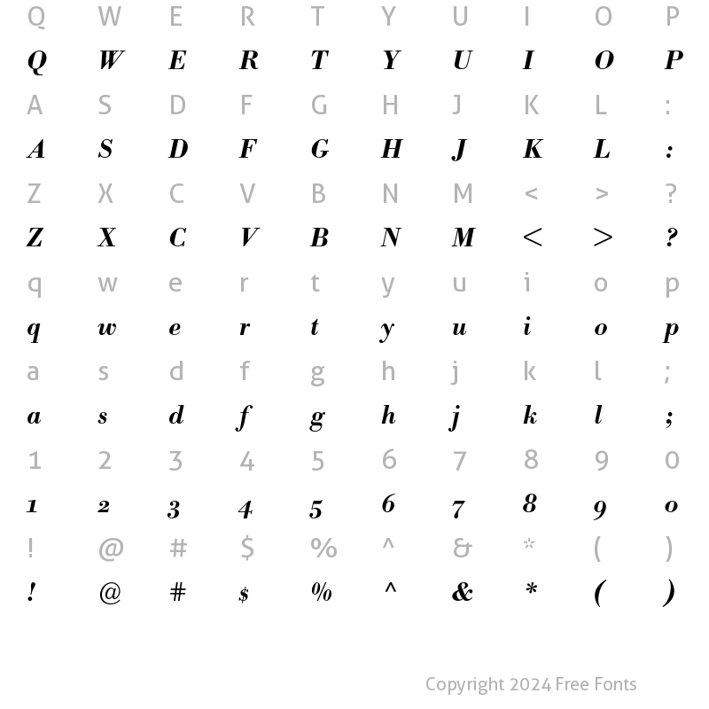 Character Map of Bodoni BE Oldstyle Figures Medium Italic