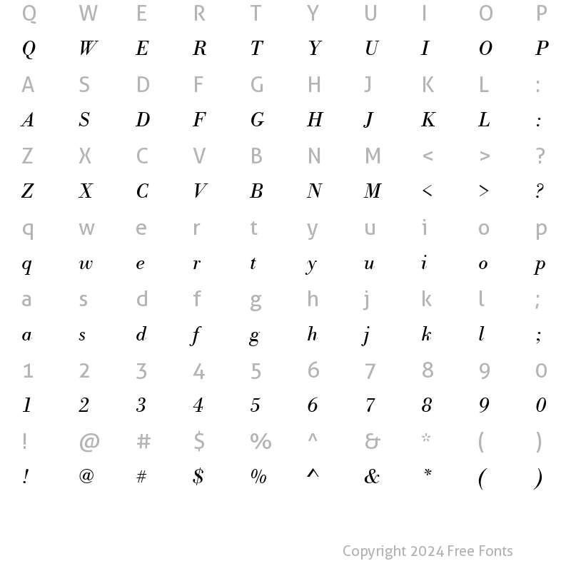 Character Map of Bodoni Becker Italic