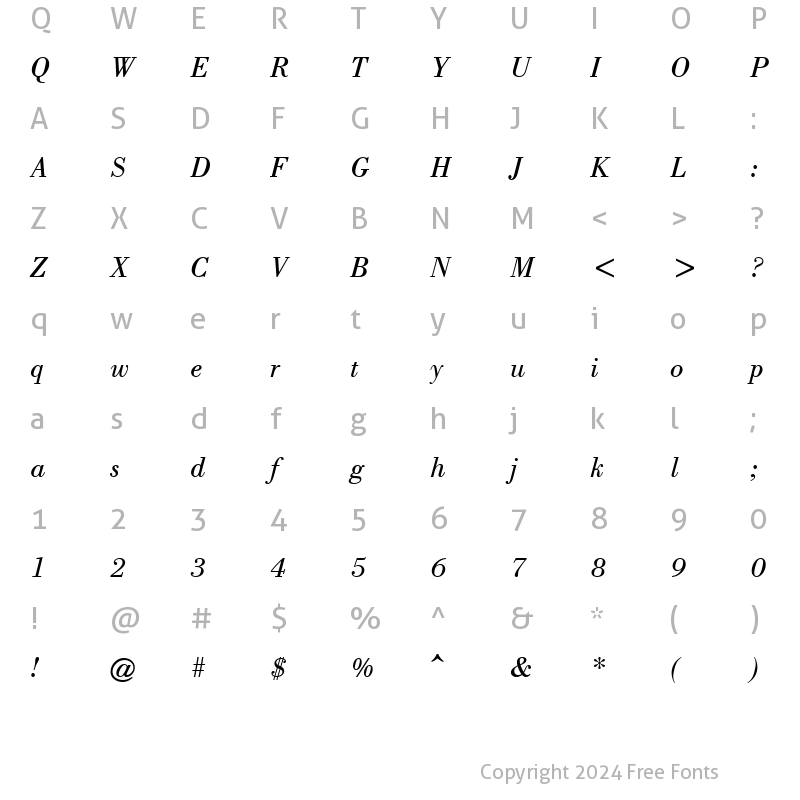 Character Map of Bodoni CG ATT Italic